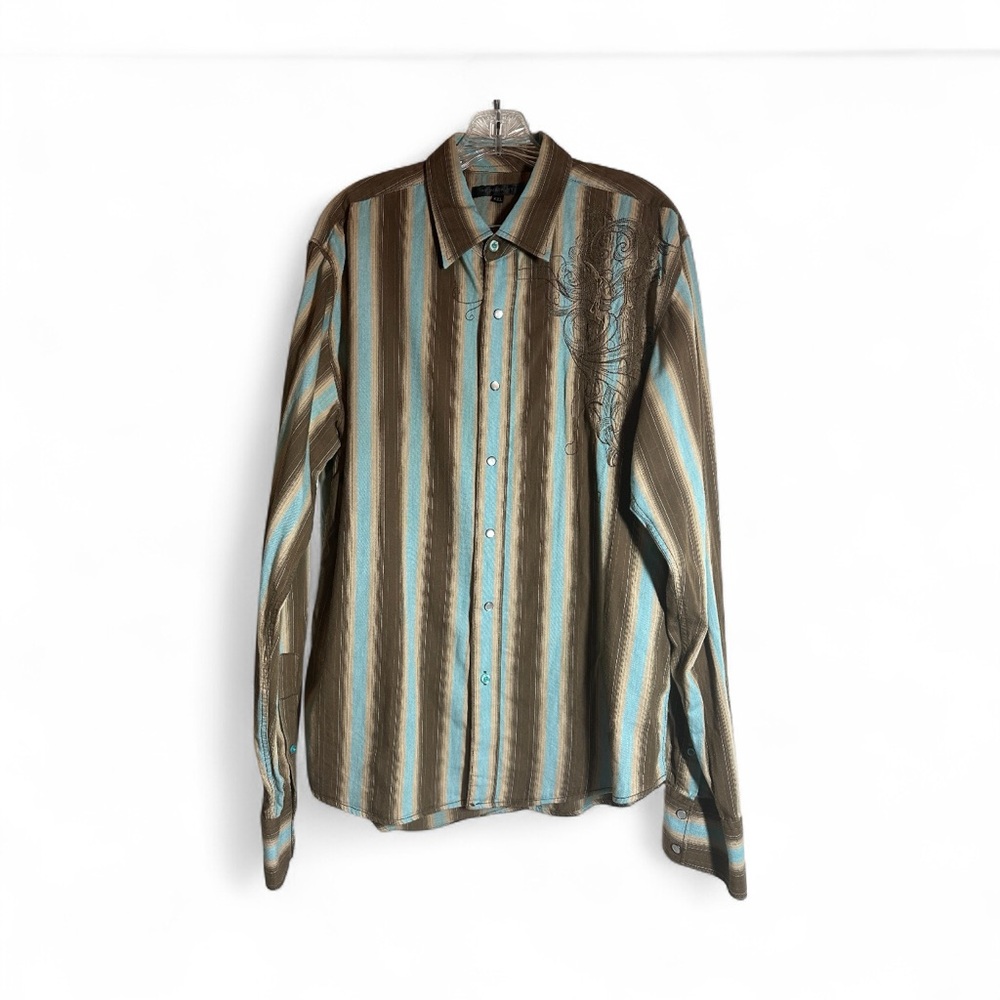 Monarchy Men's Striped Casual Shirt -Brown and Blue with Embroidery SZ XXL (327)